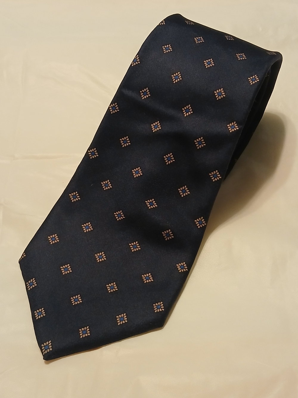 Halston Navy Silk Tie with Tan Geometric Motif